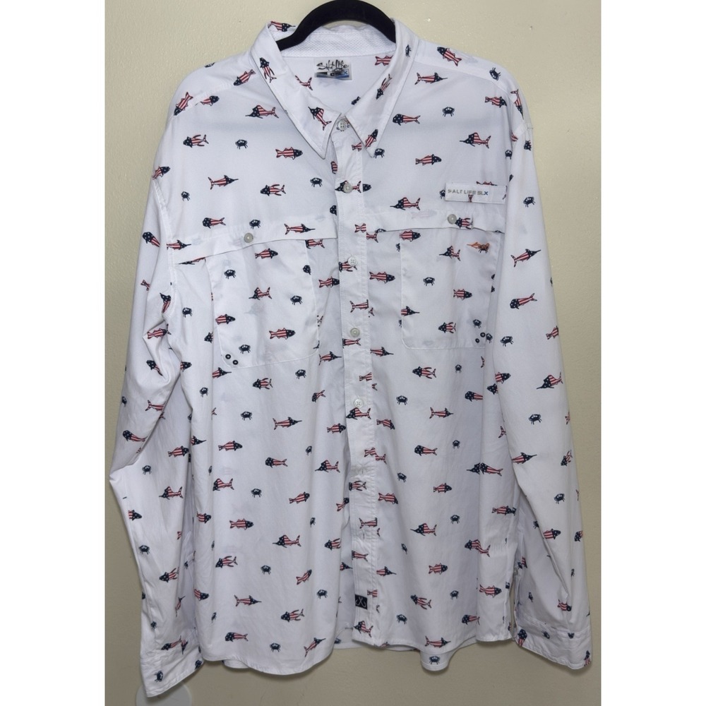 Salt Life Fishing Shirt Mens XL American Flag Patriotic Outdoor Long‎ Sleeve